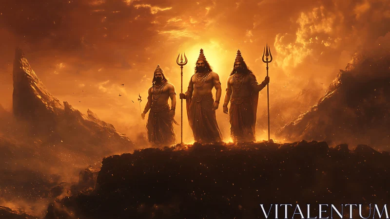 Mythic warrior triad in molten sunset atmospheric tableau.