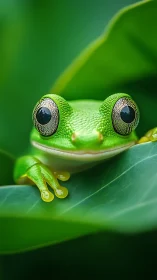 Close-up green frog portrait resting on lush leaf surface.