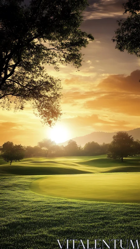 Sunrise over manicured golf course with rolling fairways.