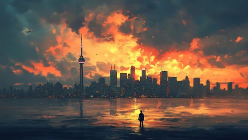 Digital painting skyline with silhouetted figure and fiery sunset reflection.
