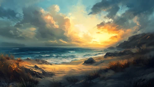 Golden shore at dusk where clouds cradle the sunset.