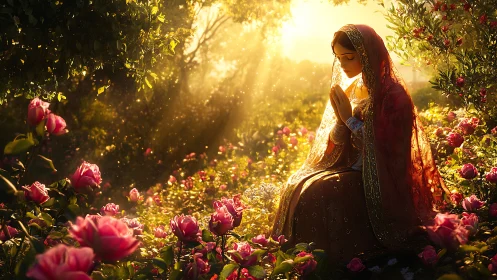 Sunlit prayerful woman in rose garden under golden haze