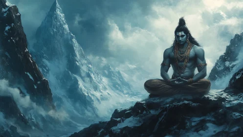 Meditating ascetic sits in icy Himalayan mountain silence.