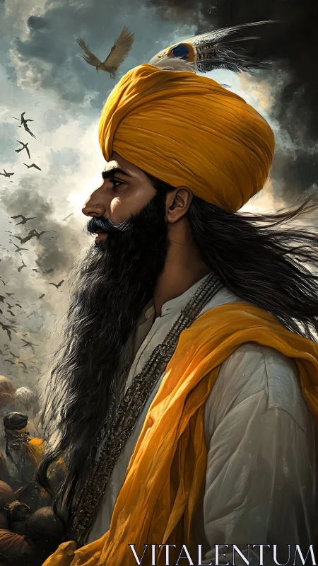 Profile study of turbaned man with birds under cloudy sky.