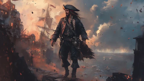 Pirate figure on coastal cliff with burning harbor in background.