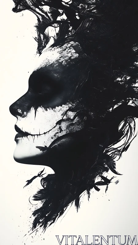 Ink-swept profile where darkness blooms into quiet mystery.