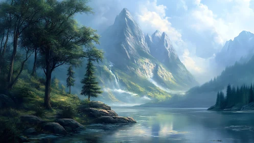 Sunlit mountain valley by a quiet reflective lakeshore.