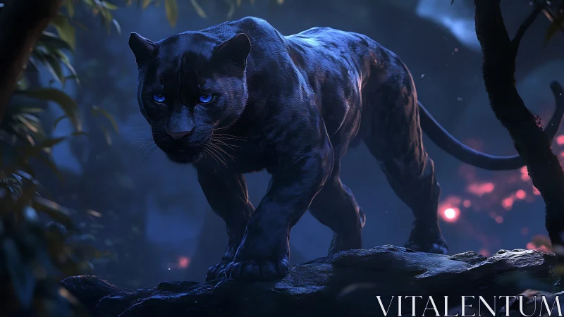 Black panther with glowing blue eyes stands on rocky terrain in dark forest