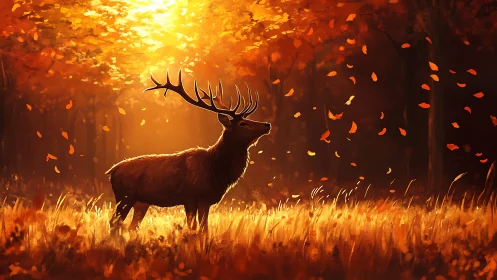 Majestic stag basking in golden autumn forest glow.