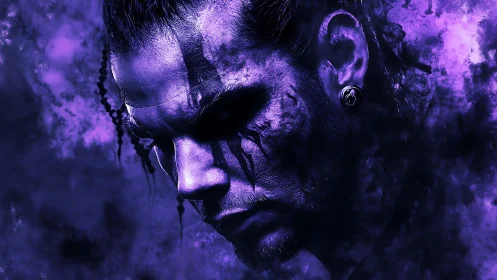 Brooding violet portrait with abstract smoky textures.