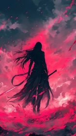 Silhouetted sword figure within red storm and cloud field.