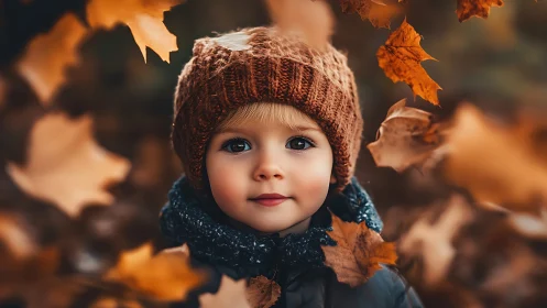 Child in autumn portrait with falling leaves and warm light