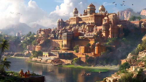 Golden riverside palace city glowing in gentle evening light.