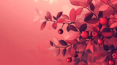 Crimson berries drift like quiet comets through blushing fog