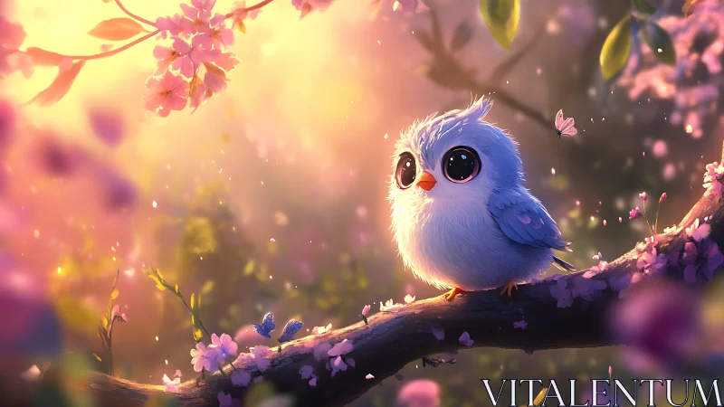 Cute fluffy blue bird on blossom branch in magical sunset, digital art.