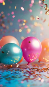 Three inflated spheres with metallic surfaces and confetti scatter composition.