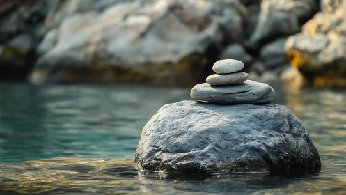Zen stone cairn on rock in calm turquoise water scene.