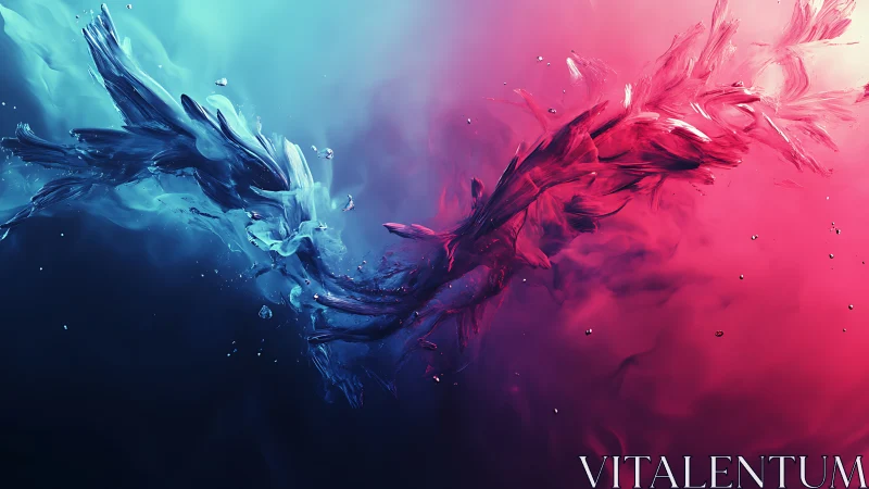 Opposing blue and red liquid forms collide at center