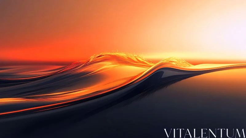 Luminous abstract wave crest under blazing sunset sky.
