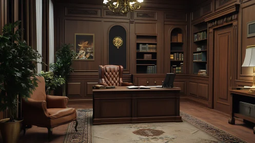 Traditional wood paneled executive office interior with desk.