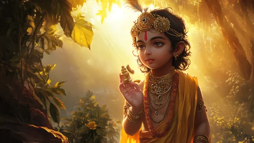 Divine child in golden forest light with ornate jewelry