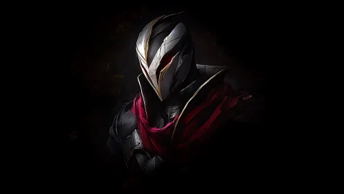 Masked rogue in crimson scarf emerges from the shadows.