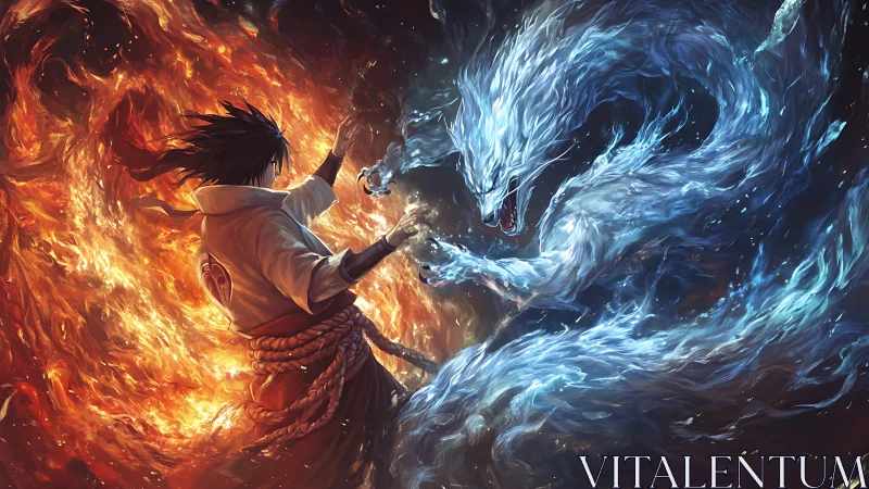 Elemental duel between warrior and blazing ice spirit.