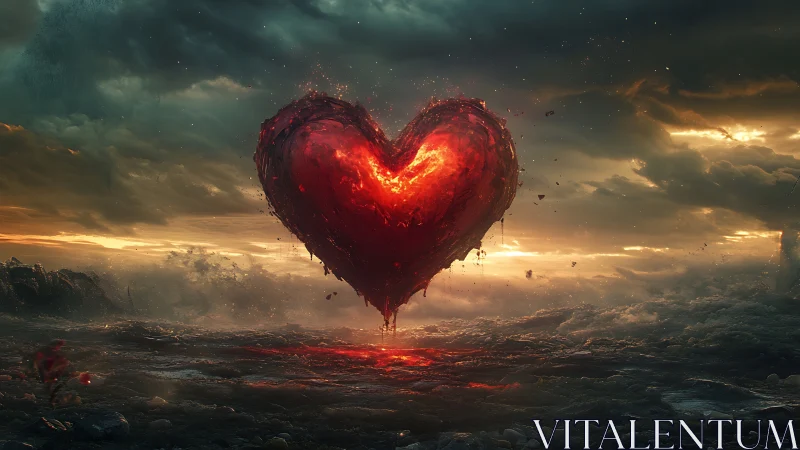 Incandescent Heart Form Suspended in Apocalyptic Landscape with Photorealistic Rendering