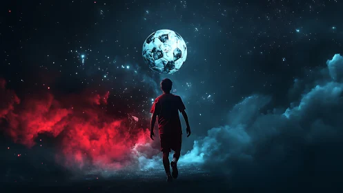 Silhouetted footballer under cosmic ball in red blue nebula.