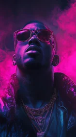 Neon magenta backlit portrait with reflective jacket and chains