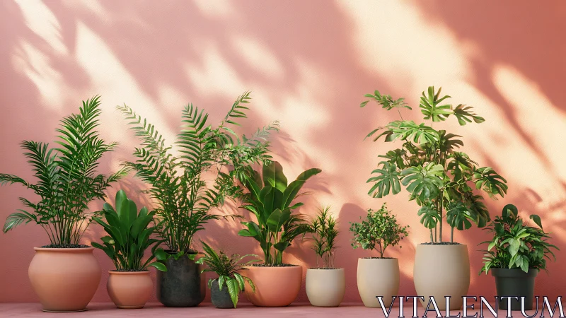 Sunlit potted greenery against a soft peach wall glow.