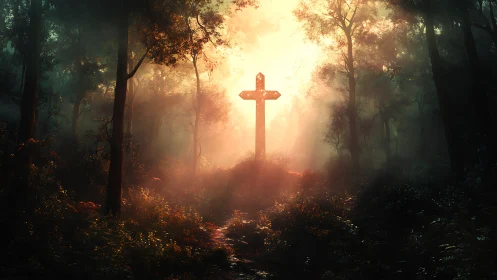 Luminous wooden cross rises in misty forest sunrise glow.