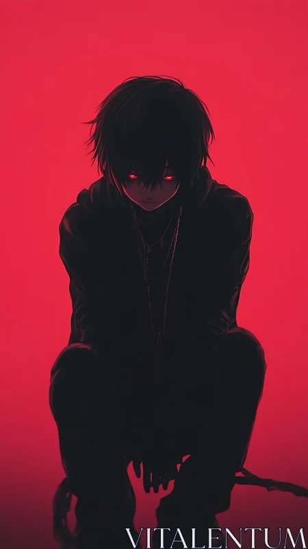 Dark anime figure with red glowing eyes against red backdrop.