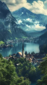 Mountain lake village rests in tranquil emerald morning light