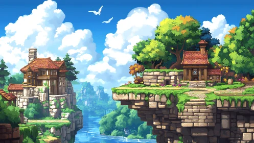 Pixel Art Rendering of Elevated Fantasy Architecture with Stone Platforms and Medieval Buildings