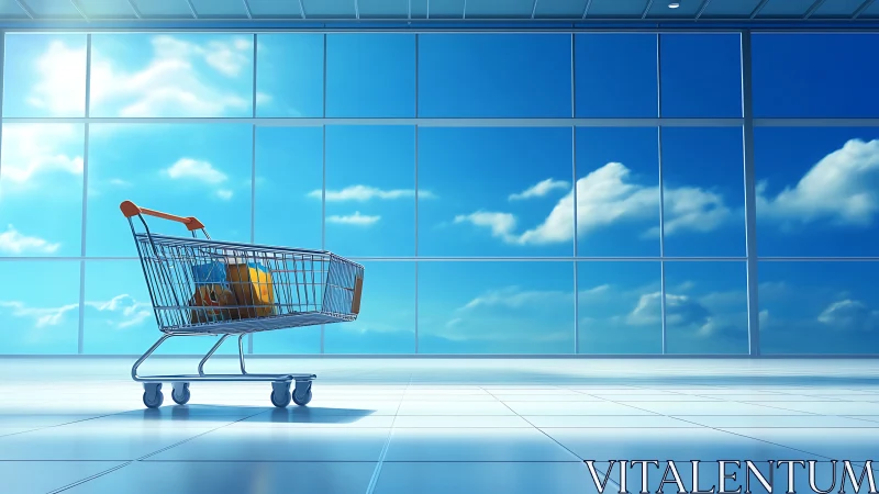 Shopping cart stands alone before bright glass window wall
