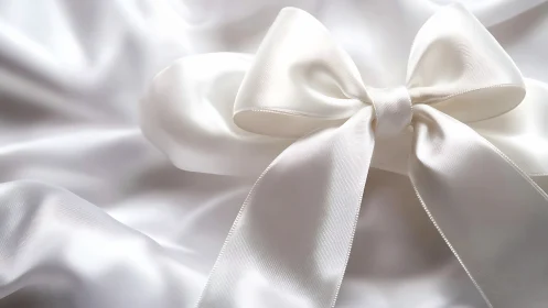 White satin ribbon bow lies on smooth reflective fabric