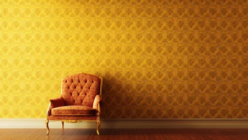Upholstered armchair against patterned golden wallpaper wall.