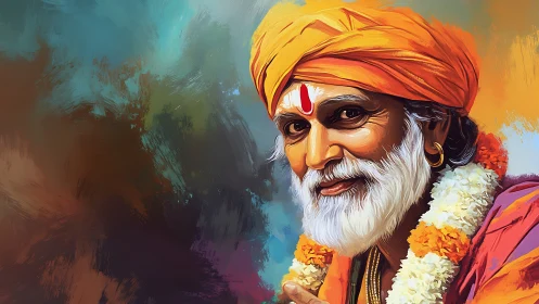 Portrait of elderly man in turban with garland on gradient background.