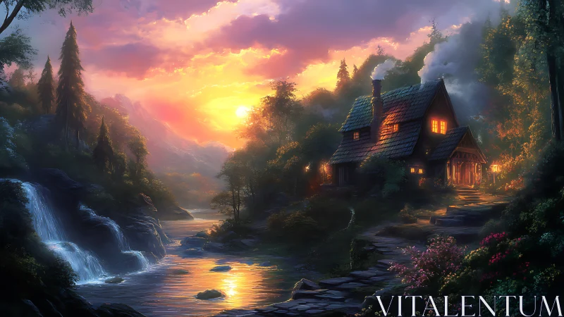 Twilight cabin hum beside a spell-lit mountain river.