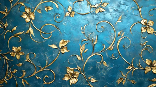Golden baroque floral relief on textured teal background.