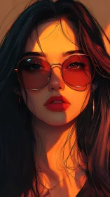 Stylized woman in red sunglasses in warm sunset light.