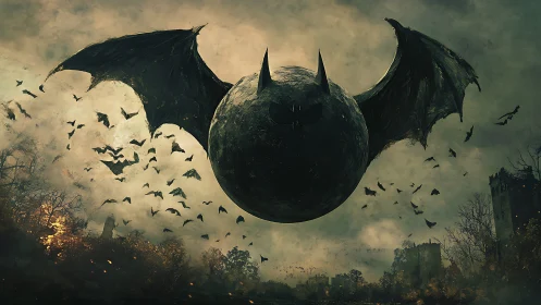 Spherical bat entity dominates nocturnal sky over ruins