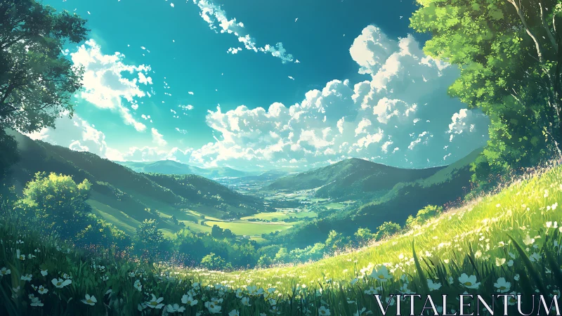 Valley landscape with distant town under cumulus sky.