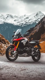 Adventure motorcycle resting beneath snowy alpine peaks.