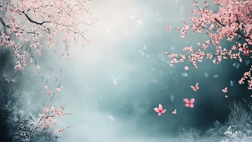 Whispering cherry blossoms cradle drifting pastel butterflies.