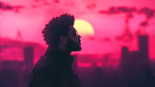 Neon magenta skyline silhouette under overexposed urban sun.