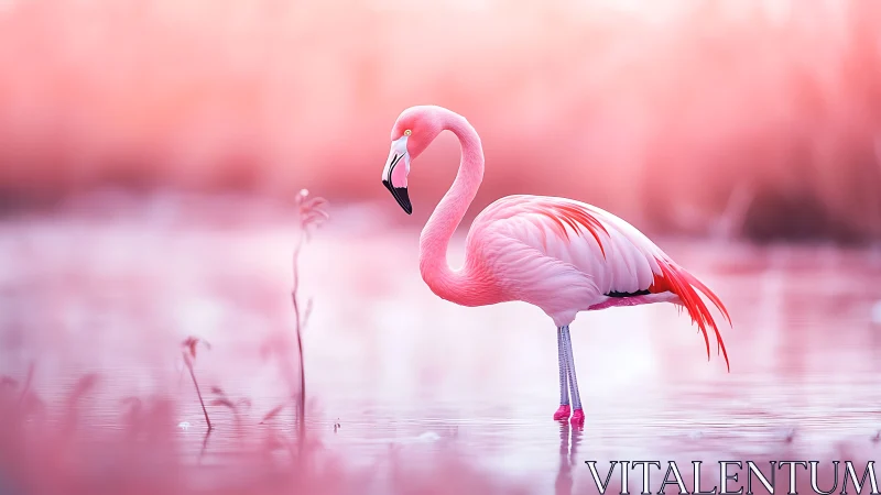 Elegant Pink Flamingo Standing in Serene Water, Soft Pastel Style.