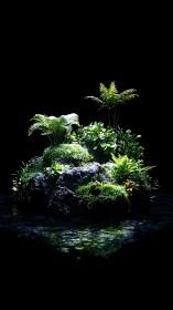 Vivid Terrarium Ecosystem with Layered Rock Formation and Lush Vegetation