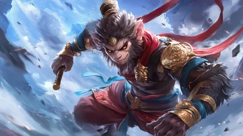 Mythic monkey warrior lunges forward in stormy sky battle